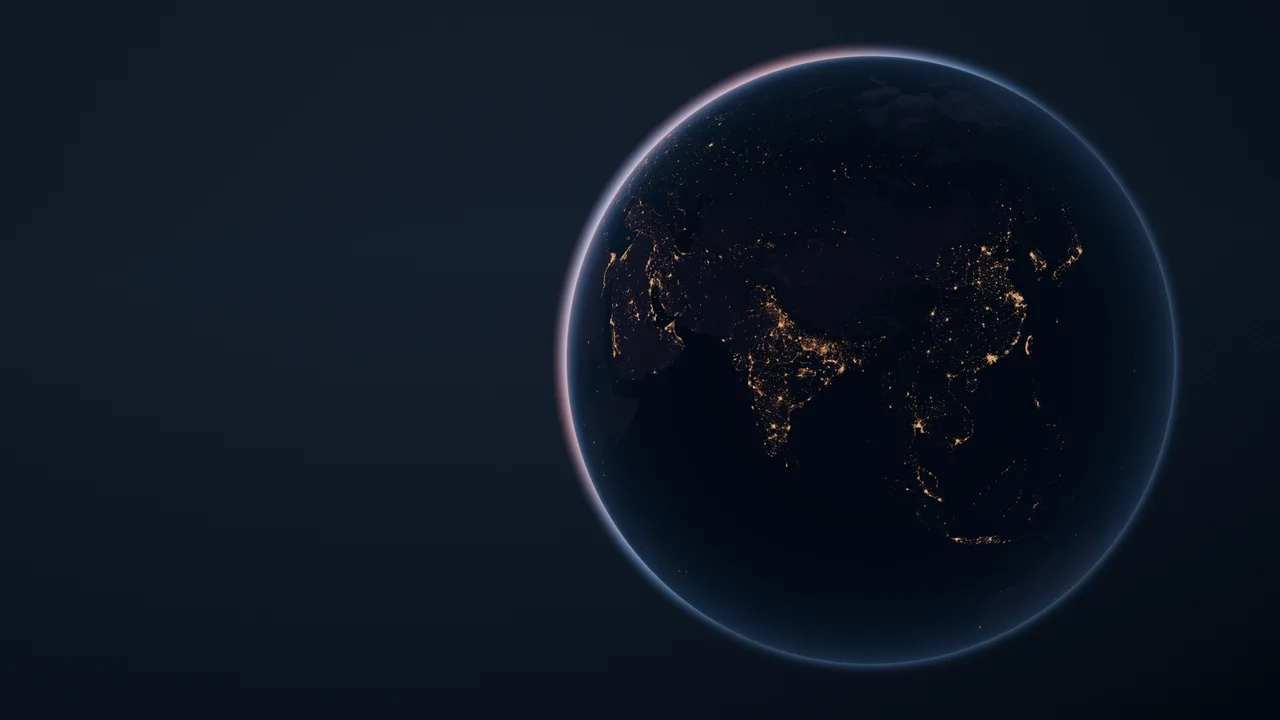 Earth at night from orbit, the Indian subcontinent and the Himalaya lit by cities.